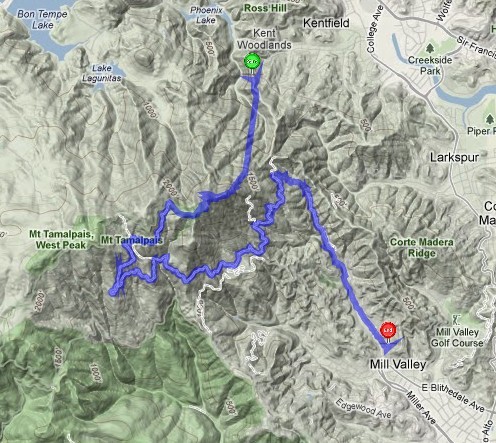 map of route i took starting at crown rd in kentfield and ending up...