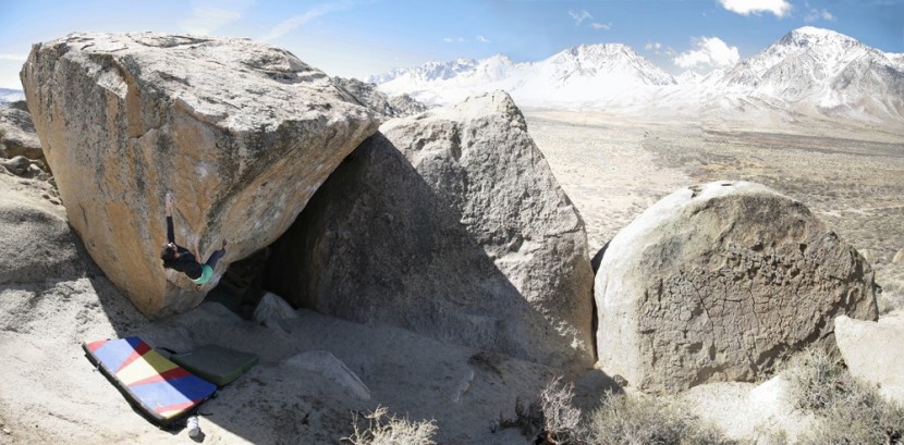 organic big pad - anna joseph bouldering crash pad testing on fly boy arete, bishop, ca.