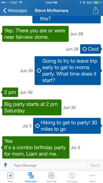 personal locator beacon - example of the inreach messaging when paired with a smart phone.