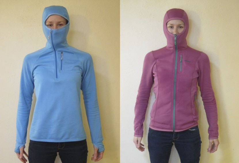 patagonia piton hybrid hoody for women - a comparison of balaclava height between the r1 (left) and the piton...
