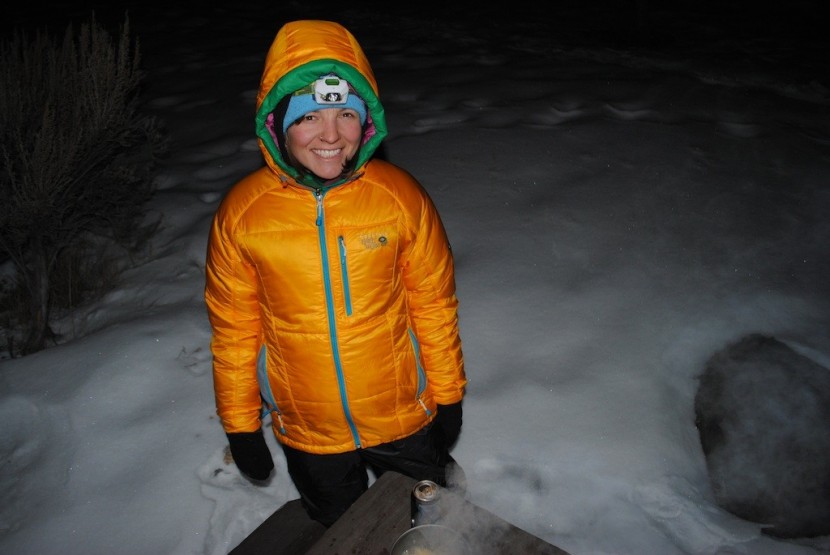 mountain hardwear hooded compressor - molly staying warm on a cold yellowstone evening.  she has the...