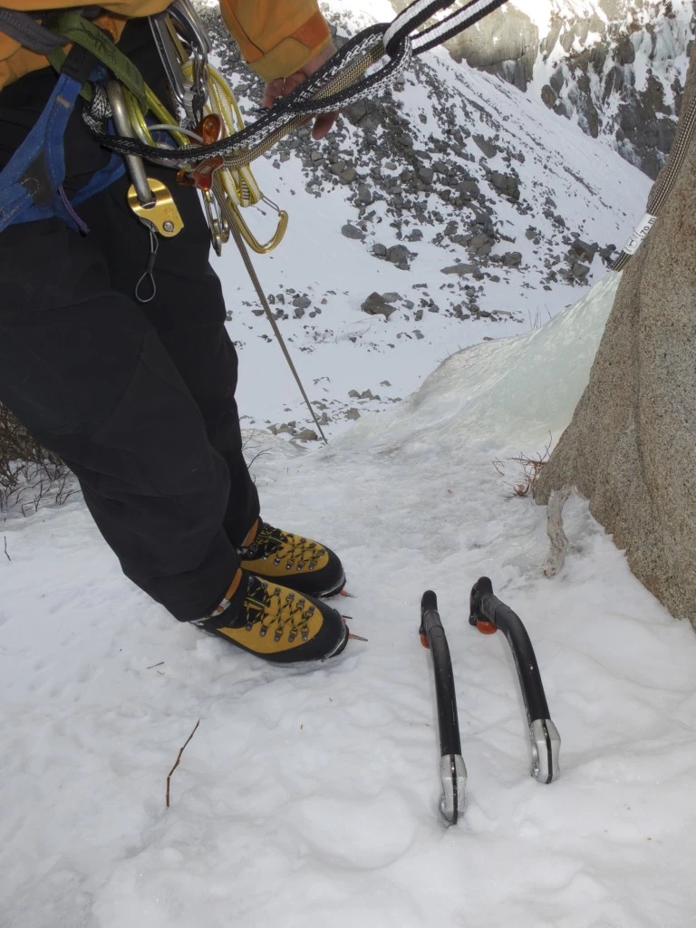la sportiva nepal evo gtx mountaineering boot review - the nepal evo after climbing a pitch of water ice in lee vining...