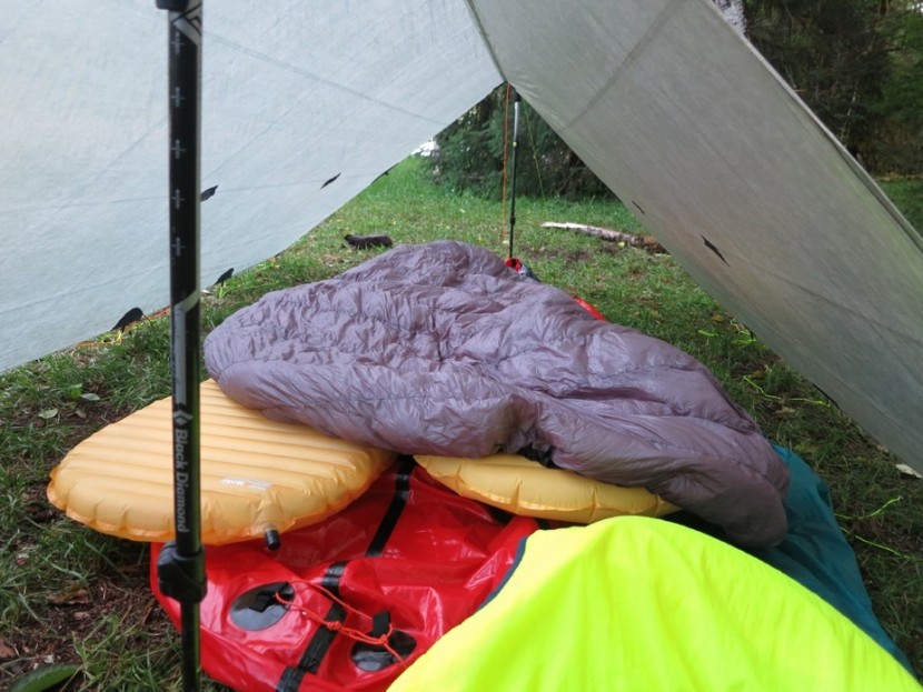 zpacks twinn quilt 20 - square tarp pitched as an a-frame (tight against ground) with...