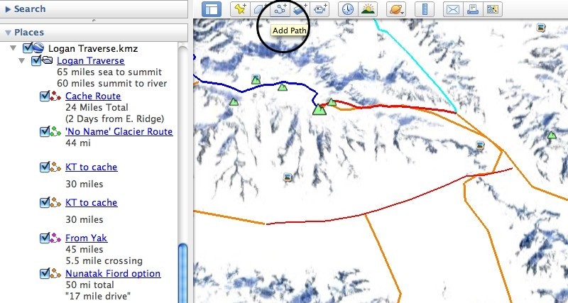 use the &#039;add path&#039; tool to draw possible routes in google earth.