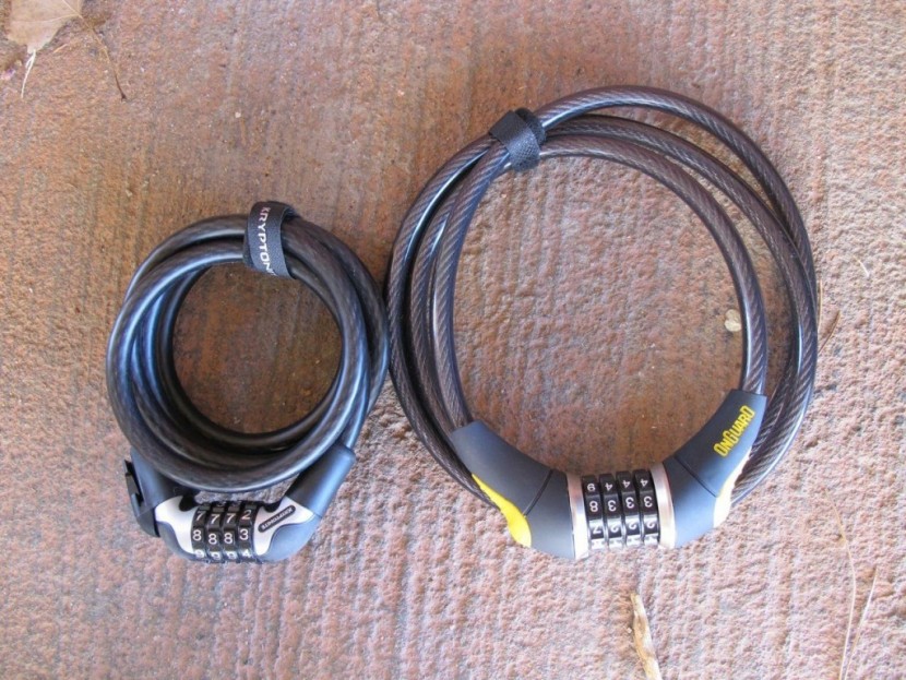 bike lock - on the left is the kryptonite&#039;s kryptoflex (coiled cable) and on the...