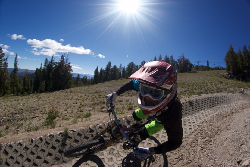 troy lee d3 - luke lydiard rides one of mammoth mountain&#039;s many paver berms in the...