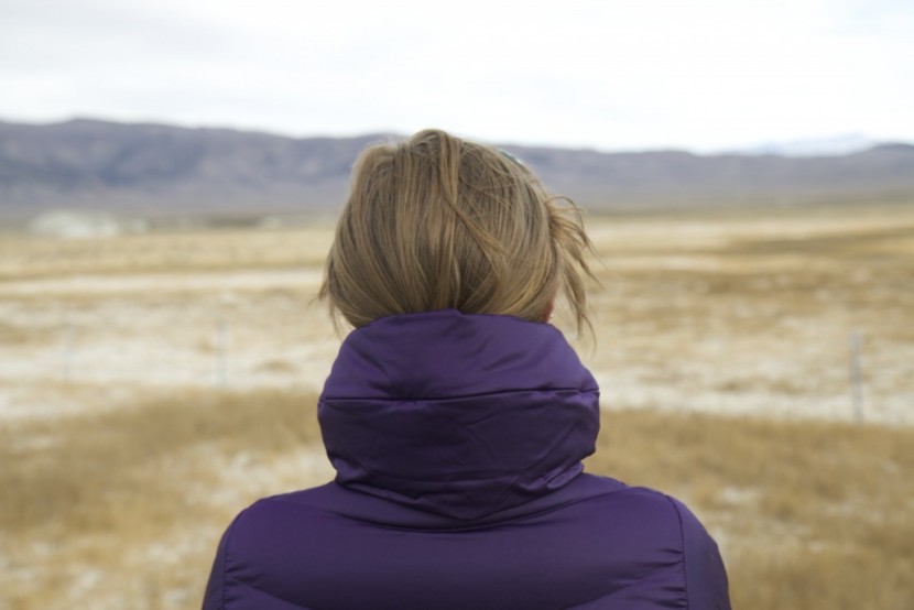 patagonia downtown loft jacket- women&#039;s - back view of the hood when it is stored into the collar. the zipper...