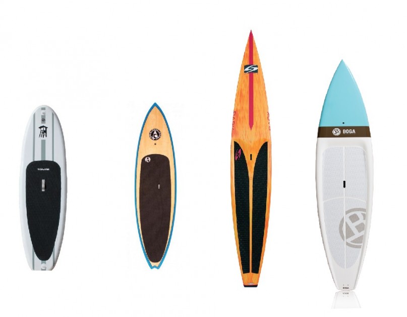 paddle board - four different styles from l to r: inflatable, surf, race and touring.