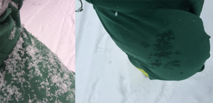 patagonia simple guide hoody - left: snow sticks to this jacket easier than others that we tested...