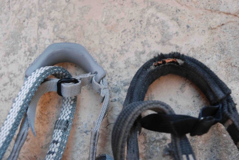 mammut zephira - the leg loop attachment point on the zephira (left) is reinforced...