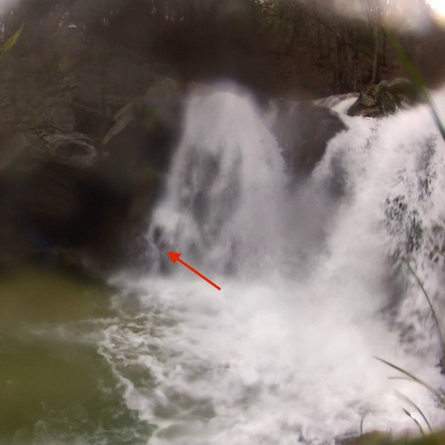 sealline urban shoulder - barely seen to the left of the arrow, our tester exits the waterfall...