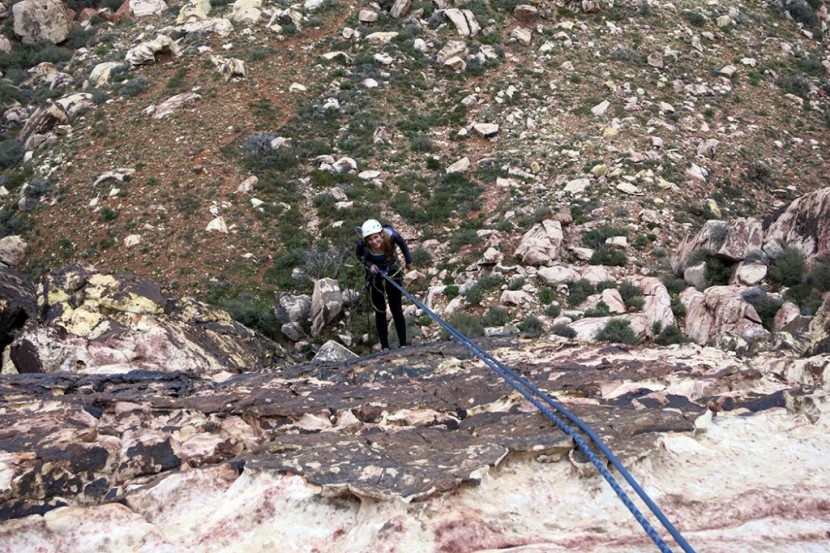 new england alex honnold signature bi-pattern glider - gina kruetzkamp rappelling the route birdland in red rock, nv on the...