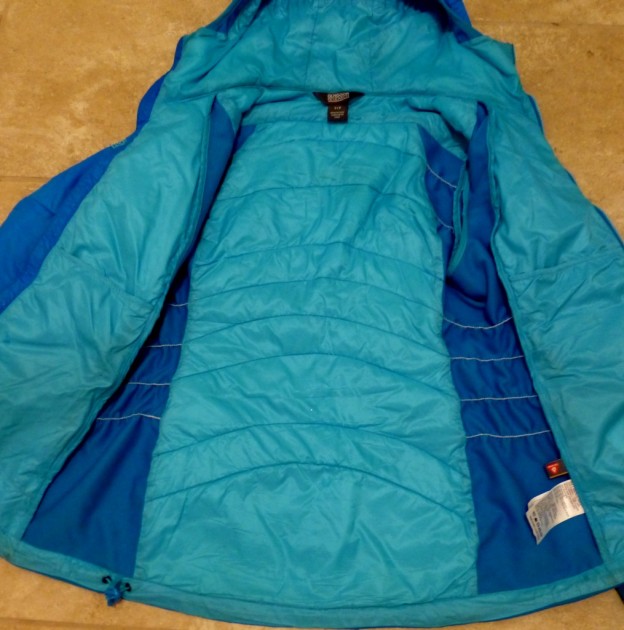 outdoor research cathode hooded jacket for women - the light blue denotes the area where the baffles are stuffed with...