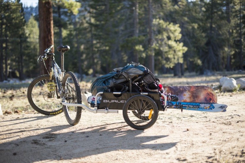 bike cargo trailer - taking a break on the way to the ski hill with a fully loaded burley...