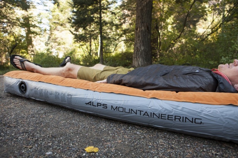 alps mountaineering rechargeable air bed - resting on the rechargeable air bed. we found that the included pump...