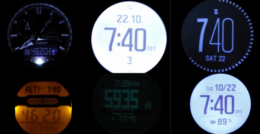 suunto ambit3 peak - a comparison of the nightlights of each watch. from top left: casio...