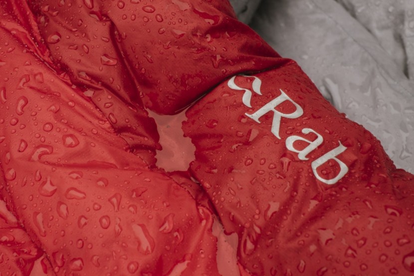 rab ascent 900 - this bag has no trouble shedding water thanks to its pertex shell...