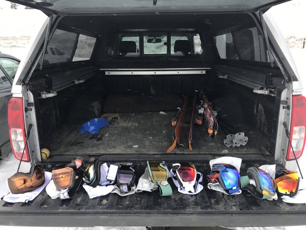 ski goggles - a goggle lineup waiting for action at carson pass, ca.