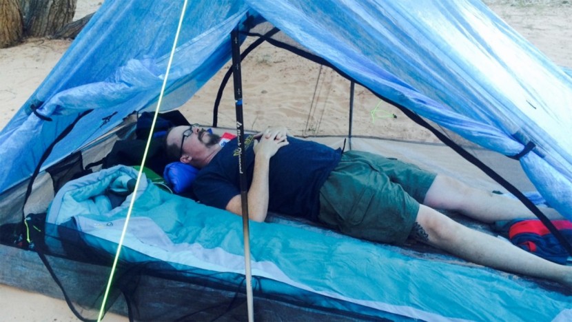 zpacks duplex classic - tom lying on one side of the tent while the author&#039;s sleeping bag is...
