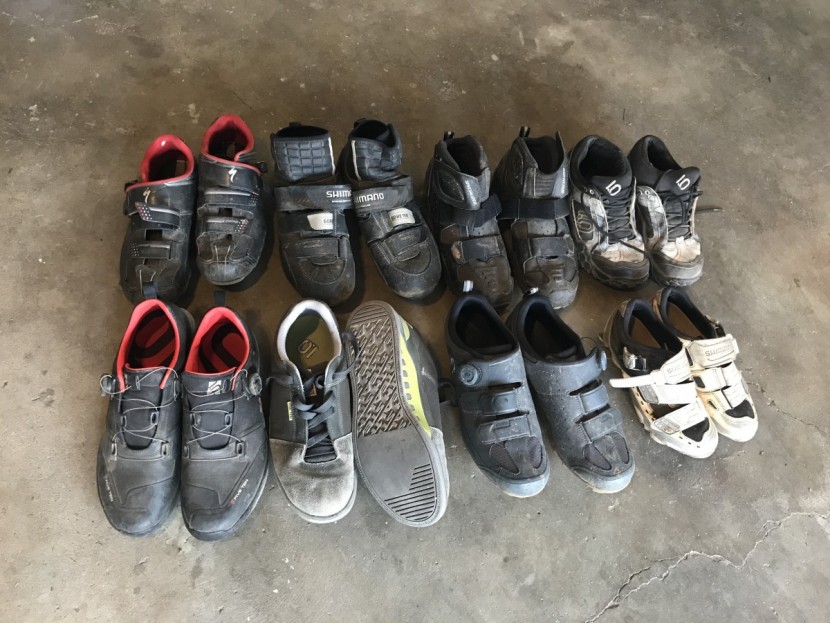 mountain bike pedals - on display are most of the shoes we used for testing. a combination...