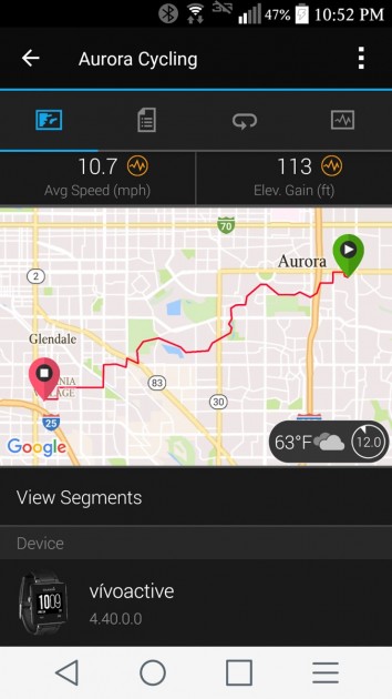 garmin vivoactive 3 - the garmin connect app, with bike ride data downloaded from the...