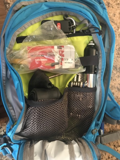 camelbak m.u.l.e. - the main compartment storage pouches with our bike gear stowed.