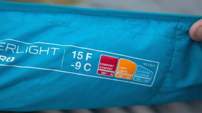 ultralight sleeping bag - various temperature ratings printed on the zipper draft tube. we...