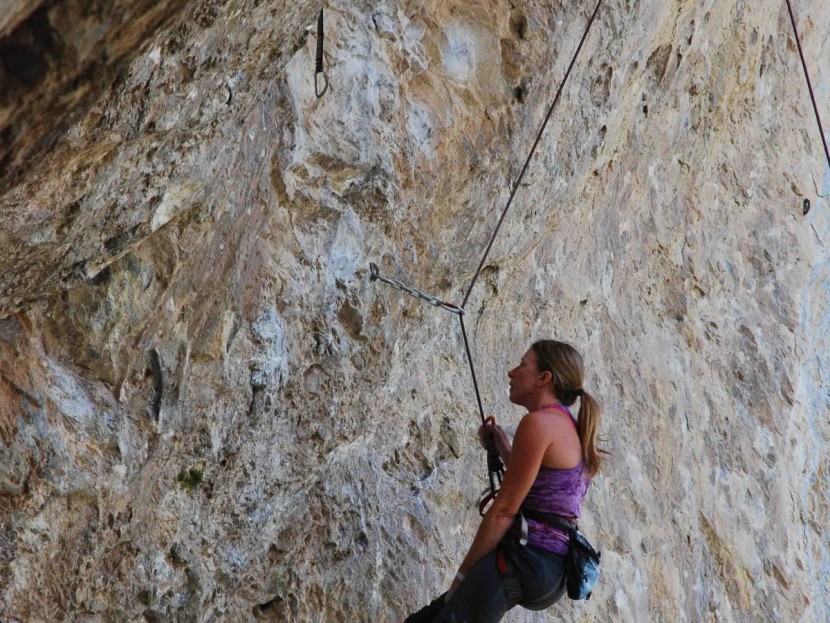 maxim pinnacle - the author working out the moves on a steeper line via top rope...