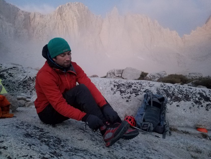 la sportiva trango trk gtx - tester ryan huetter snugging up his la sportiva trk boots before a...