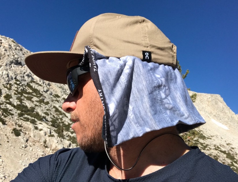 using a "buff-like" headband as a sun hat.