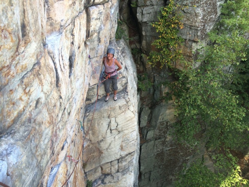 climbing harness - taking a break on a convenient ledge while climbing directissima at...