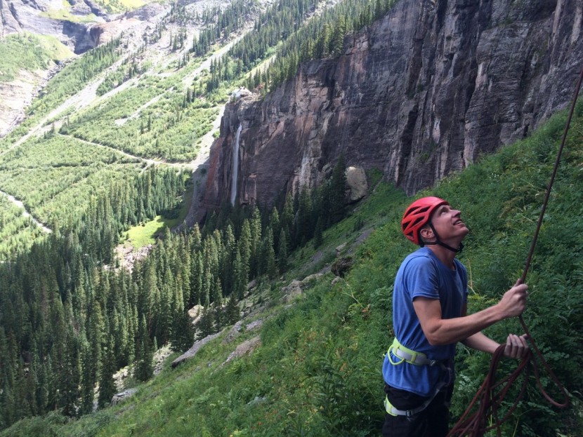 petzl corax - pulling the rope from a climb at the streaked wall above telluride...