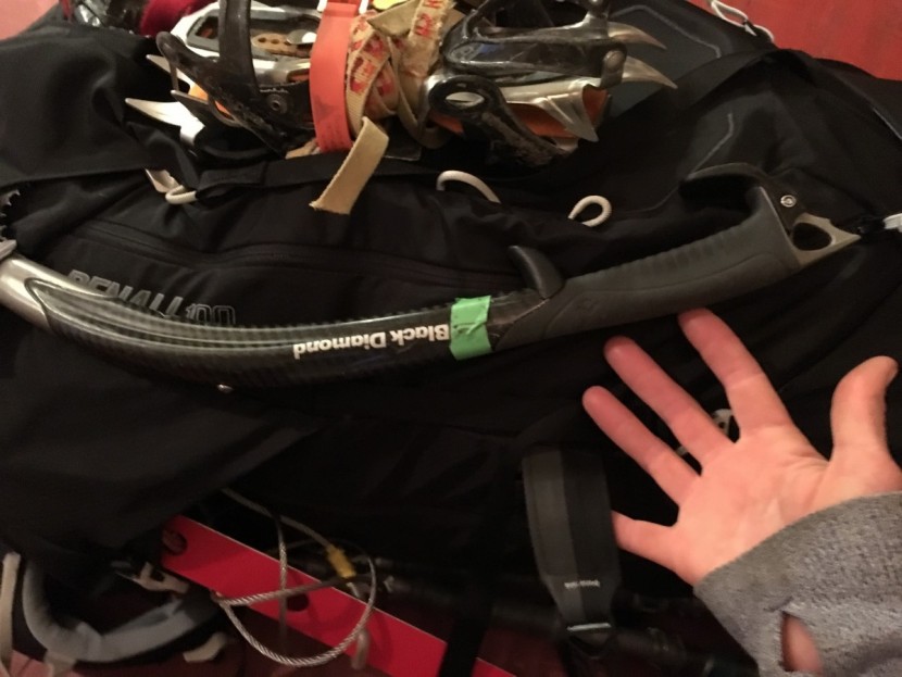 gregory denali 100 - the ice axe is secured at the top with a standard loop of velcro;...