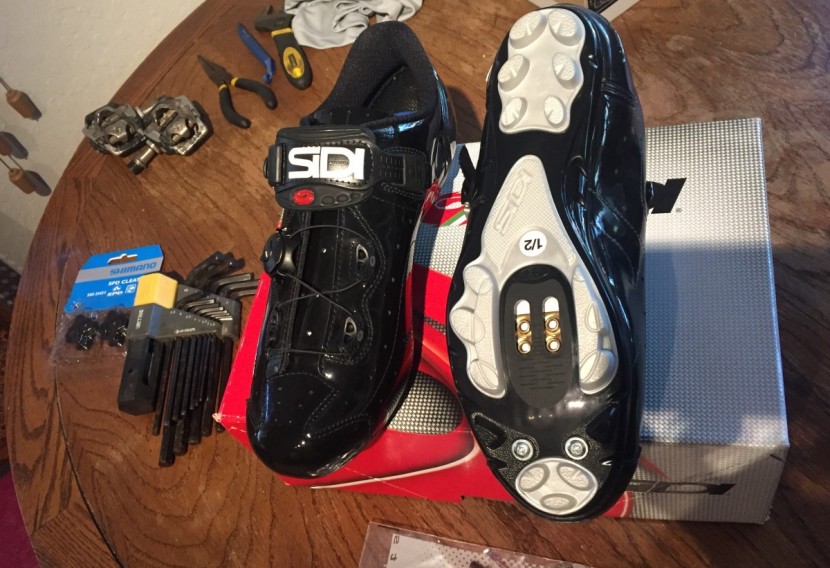 mountain bike shoes - the soles of the sidi cape, note the cleat mount area positioned...