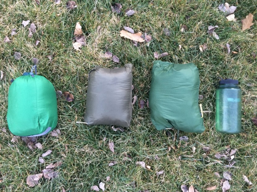 the north face morph hoodie - the three middle sized jackets when stuffed. on the left is the rab...