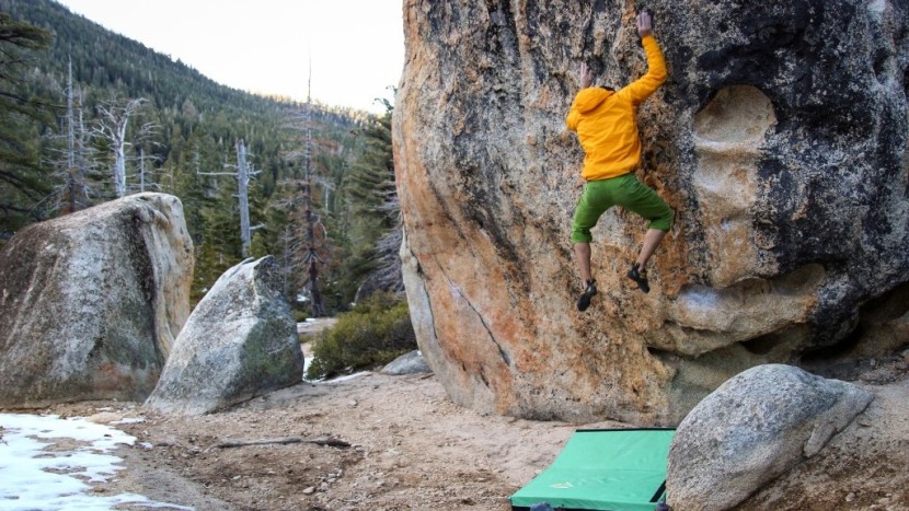 bouldering crash pad - putting the duo through the paces with a fall from up high.