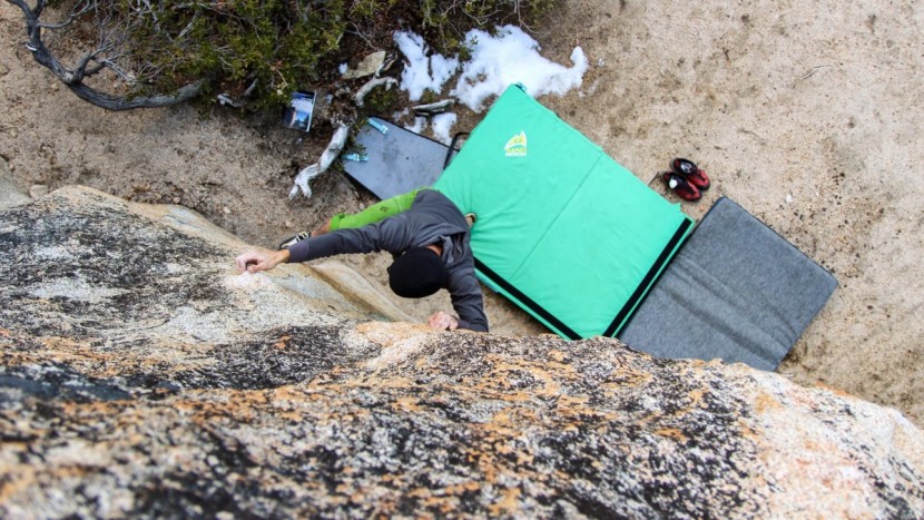 mad rock duo - steven tata stepping off the duo at middle bliss near lake tahoe.