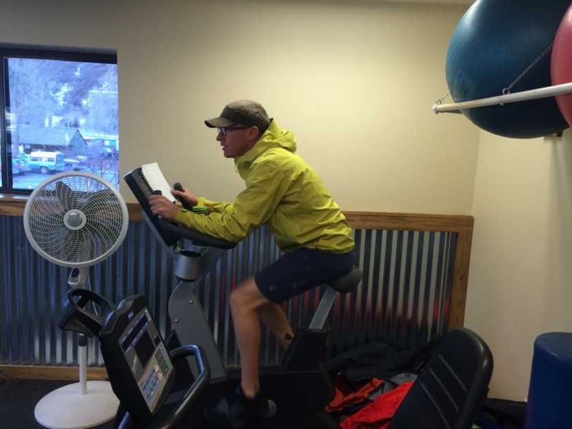 patagonia pluma - wearing the pluma on the stationary bike during our controlled...