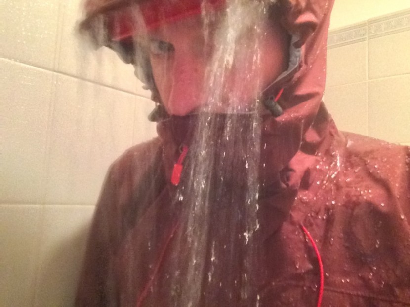 rab firewall - testing the hood with a helmet on in the shower, we found the collar...