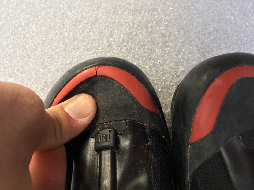 arc&#039;teryx acrux ar - damage to our second boot after one day of ice cragging, the rand is...