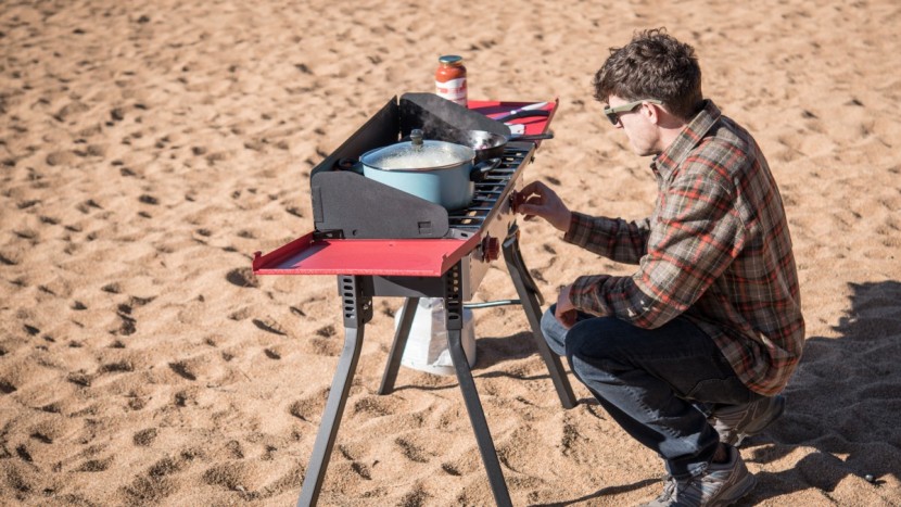 camp chef pro 60x - managing the flame of the pro 60x on a windy beach day.