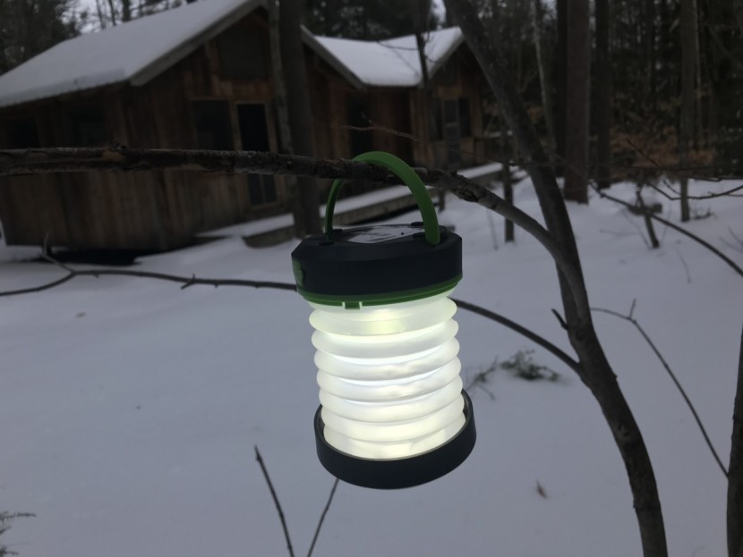 suaoki led - the suaoki led, expanded in lantern mode, hanging from a tree branch.