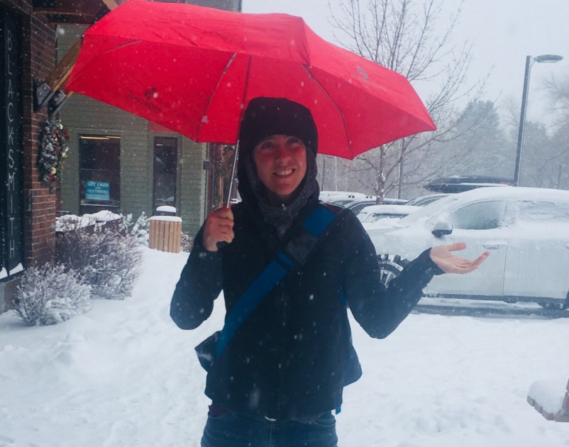 eagle creek rain away travel - testing the eagle creek umbrella in a snowstorm in bozeman, montana.