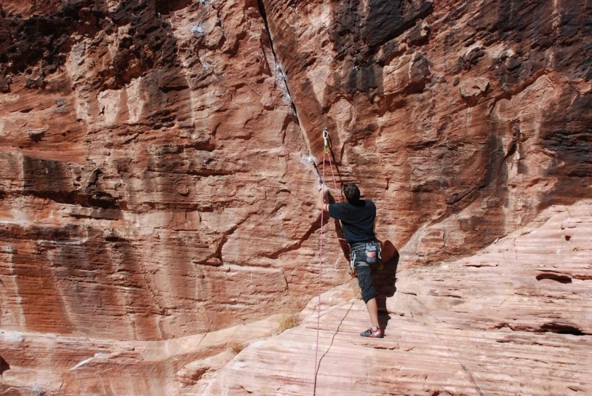 edelrid bulletproof quickdraw - the bulletproof in its intended element - at a first bolt on a sport...