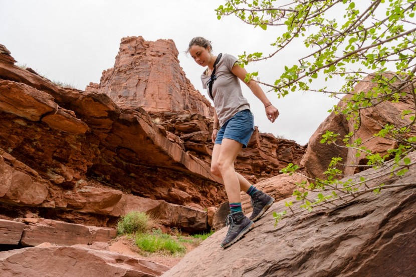 vasque mesa trek ultradry for women - testing traction on some wet slickrock in the desert.