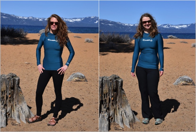 o'neill basic skins l/s crew for women - comparing a size xs, on two of our 5'4" testers.