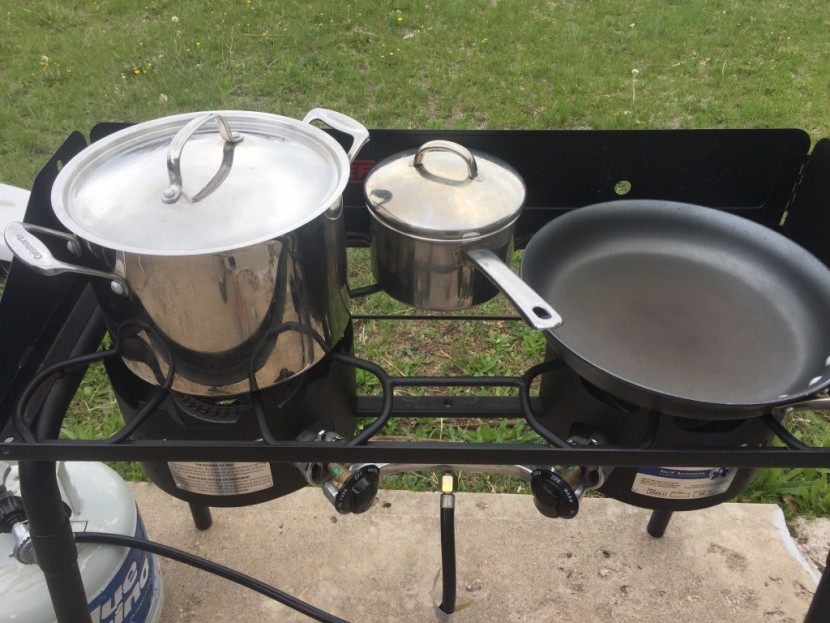 camp chef explorer 2-burner - this stove wasn&#039;t phased a bit by giant pots and pans. and while...