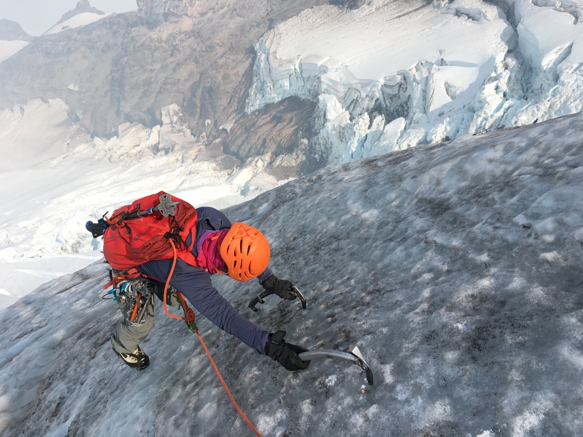 Best Mountaineering Boots Women Review (Enjoying the extra pitches of ice on a late-season ascent of the North Ridge of Mt. Baker, Washington.)
