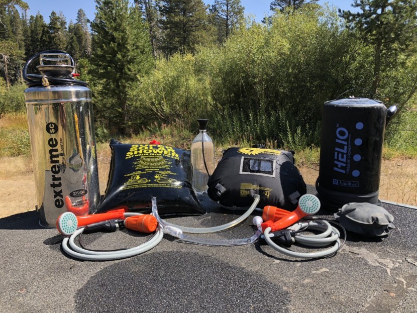 pyle portable camping shower - a sampling of the showers we tested, filled with water.