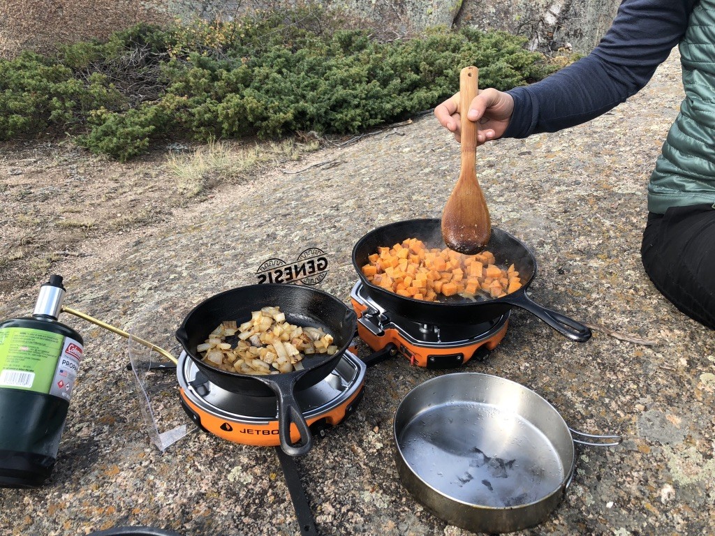Jetboil Genesis Basecamp Review (Despite a very breezy morning we were able to get the components of our breakfast scramble cooked perfectly.)